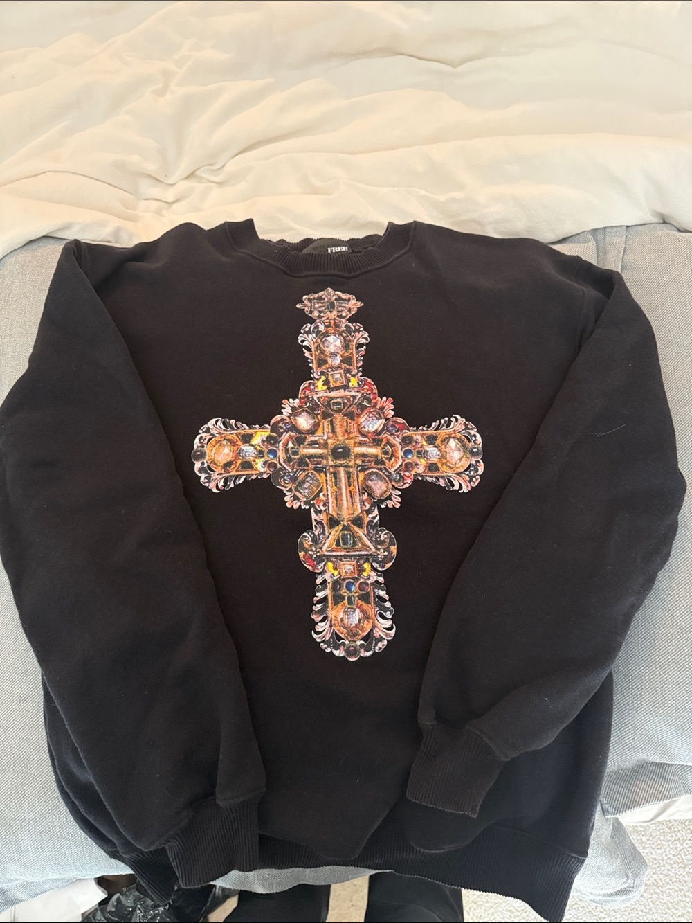 Aritzia Black Crewneck Sweater with Jeweled Cross Graphic